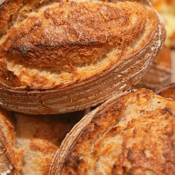 Round loaves with a golden, scored crust, stacked in proofing baskets